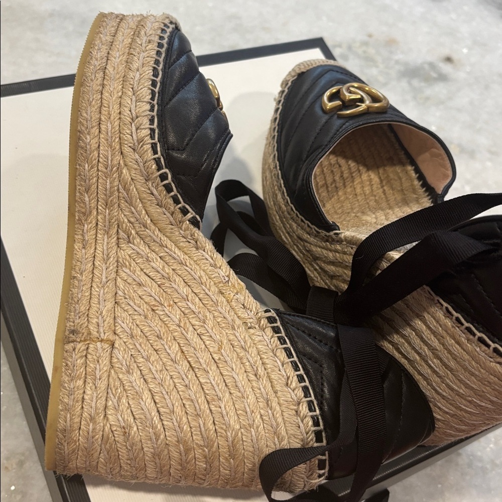 Gucci Black Matelasse Leather GG Marmont Espadrille Ankle-Tie Wedges - Picture 11 of 16